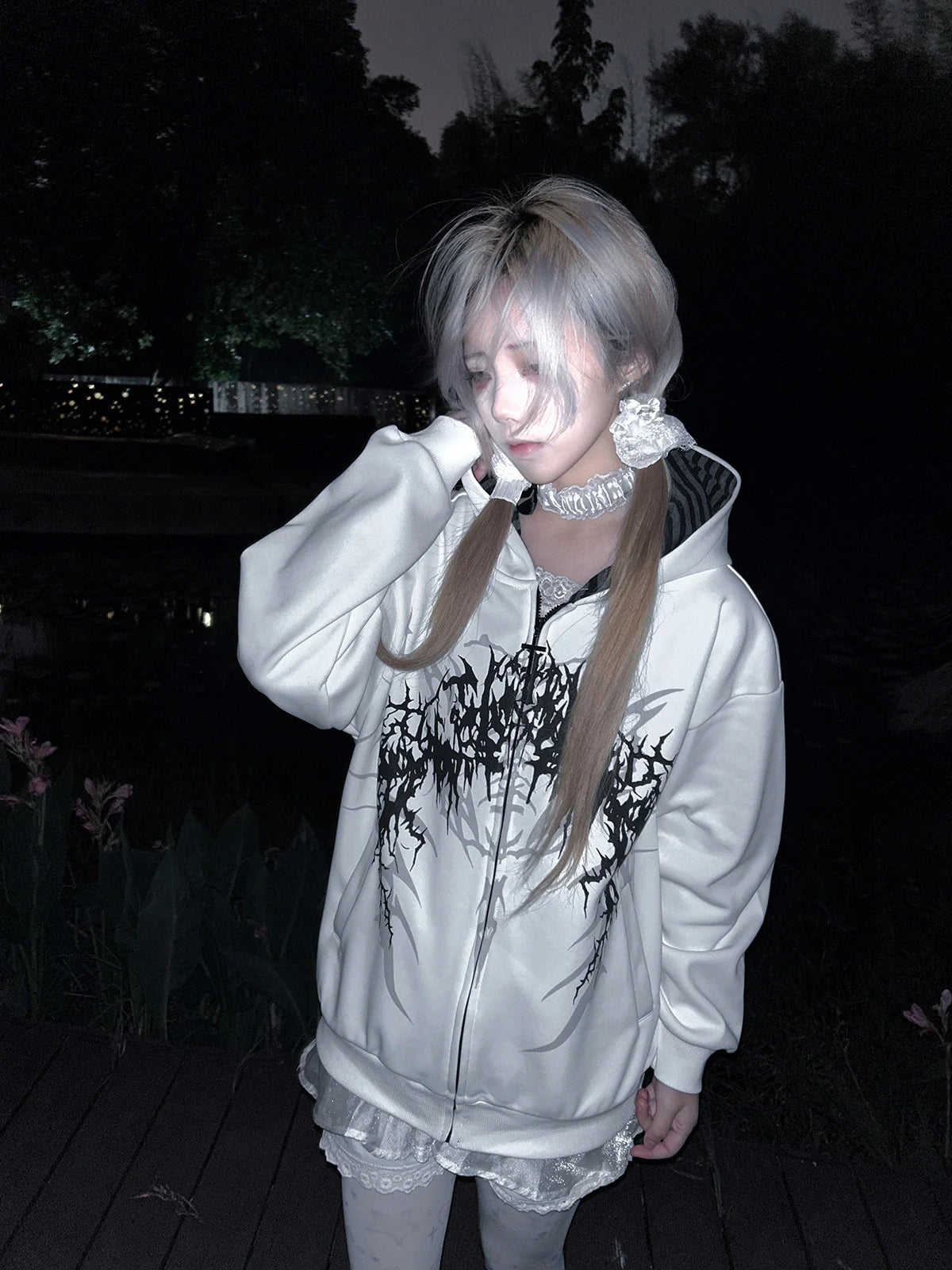 White Boundary Sigil Zip Hoodie styled look 09