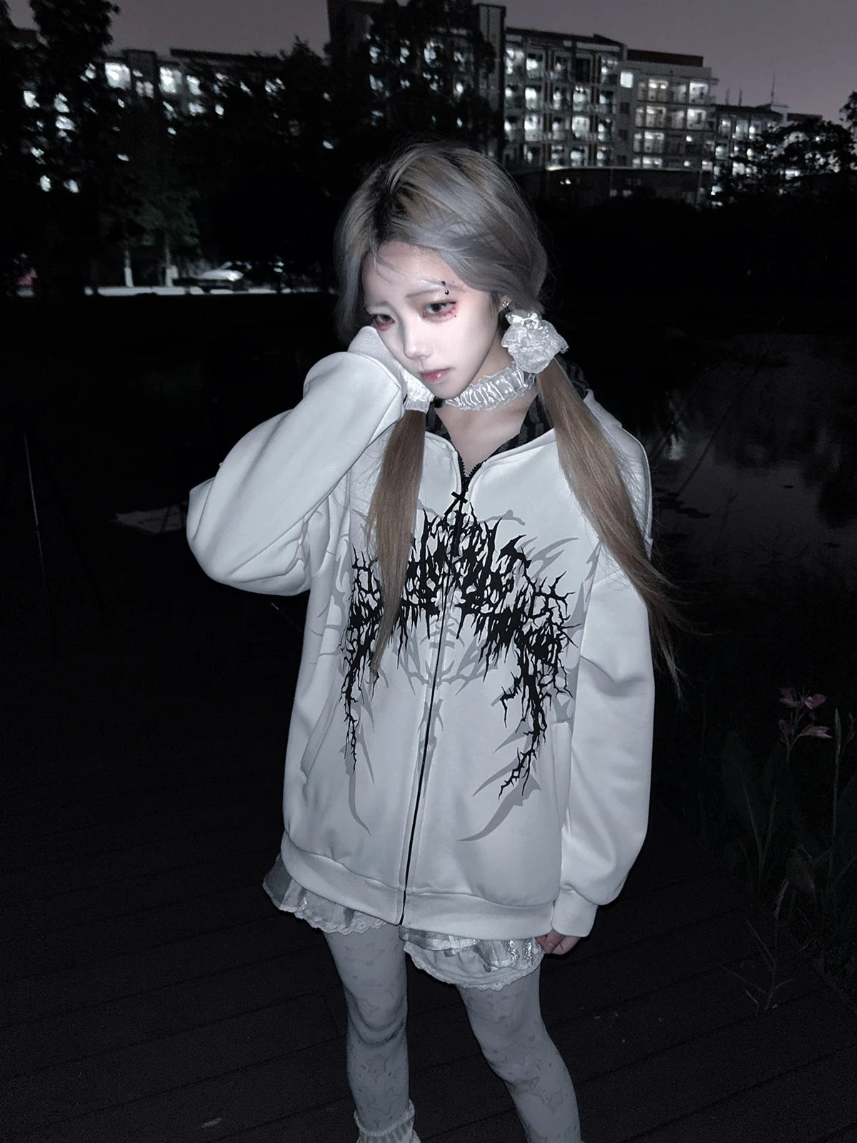 White Boundary Sigil Zip Hoodie styled look 10