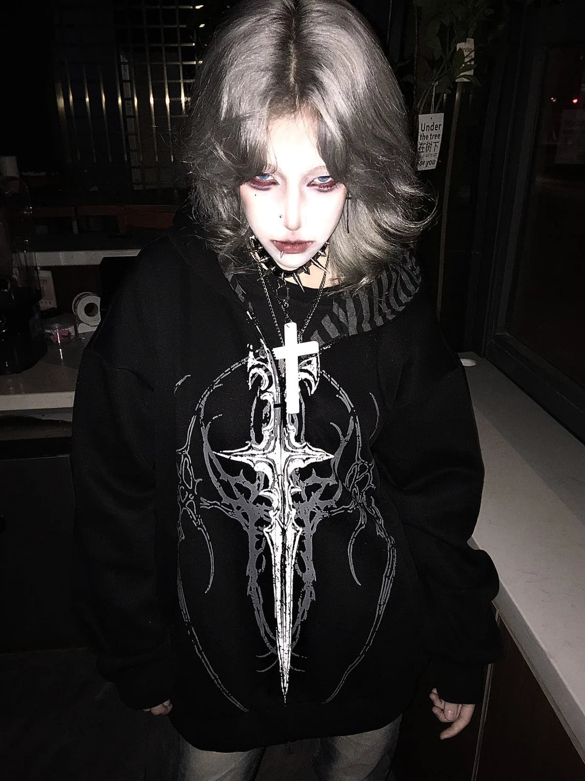 Black Gothic Sigil Zip Hoodie styled look 01