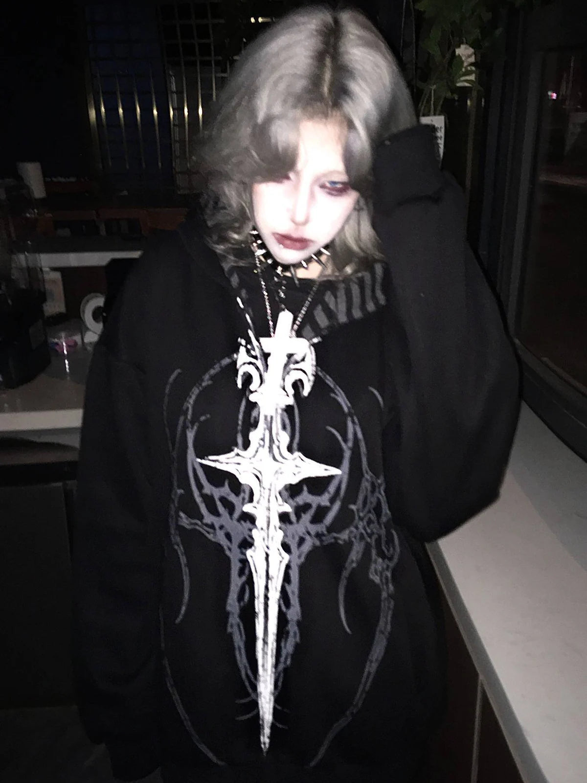 Black Gothic Sigil Zip Hoodie styled look 03