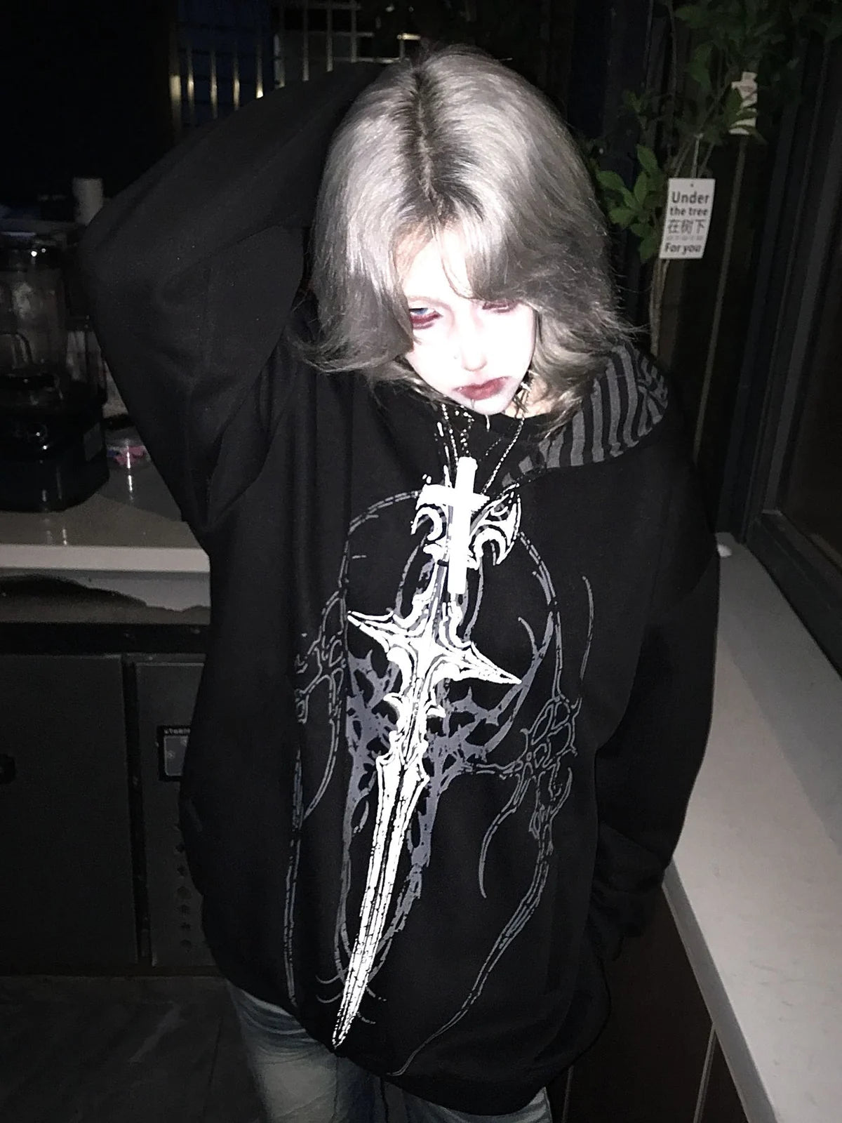 Black Gothic Sigil Zip Hoodie styled look 04