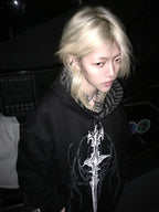 Black Gothic Sigil Zip Hoodie styled look 08