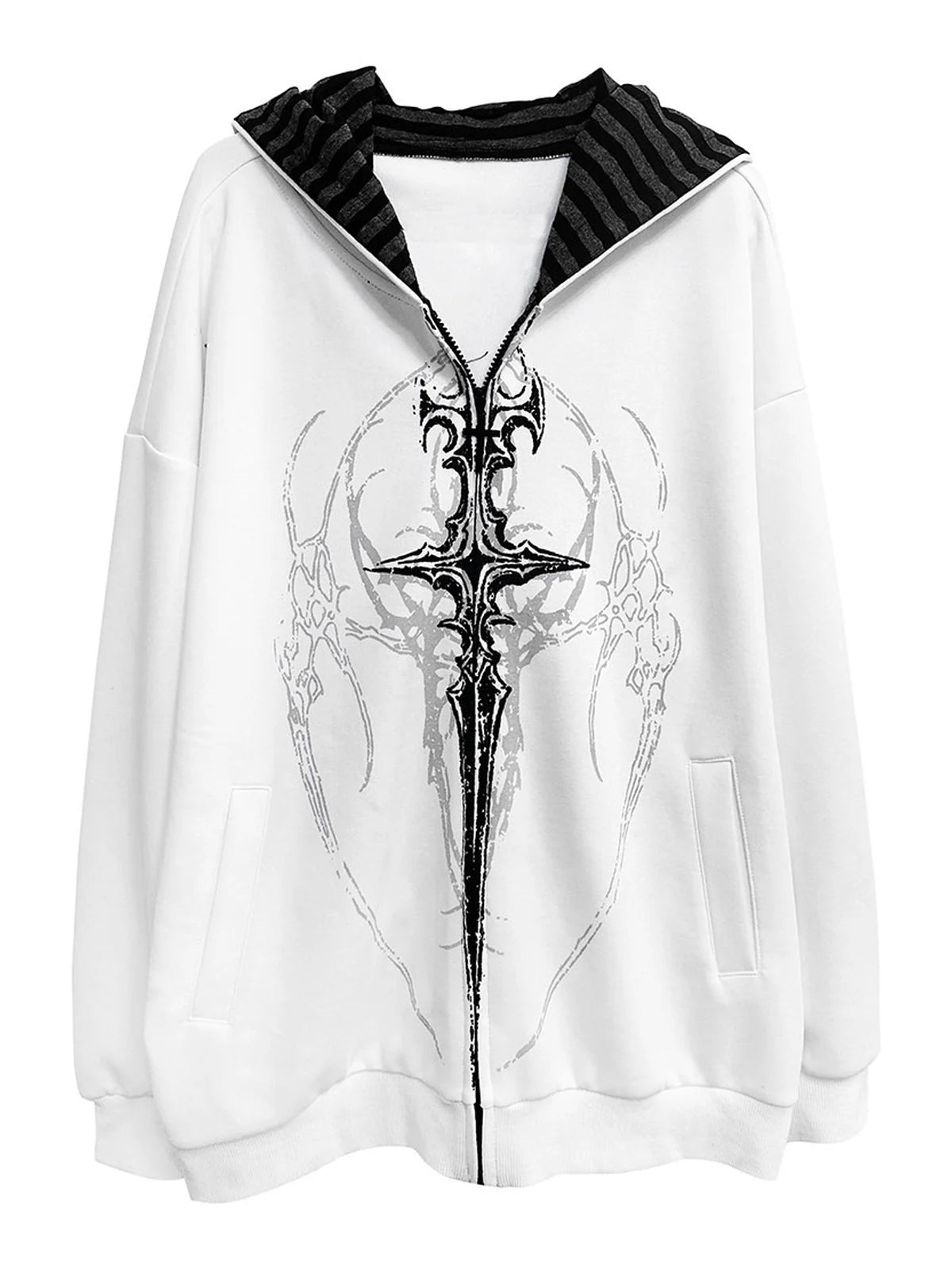 White Gothic Sigil Spring Zip Hoodie front flatlay