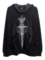 Black Gothic Sigil Ultra-Light Cotton Zip Hoodie front flatlay