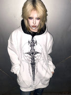 White Gothic Sigil Zip Hoodie styled look 01