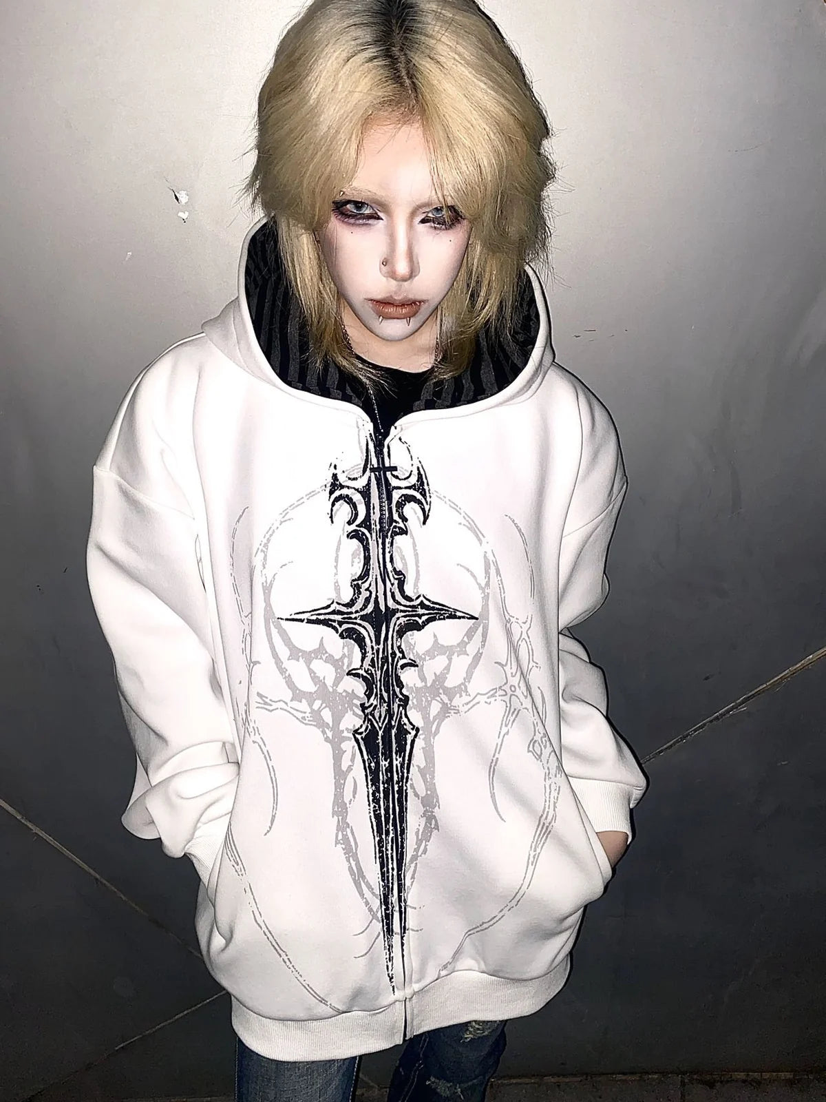White Gothic Sigil Zip Hoodie styled look 01