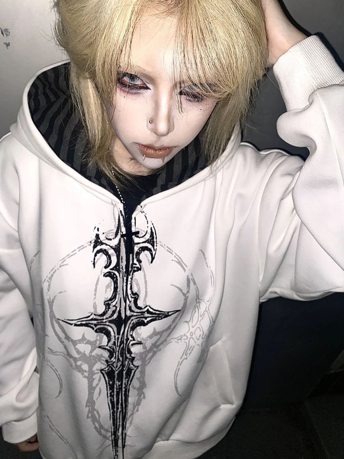 White Gothic Sigil Zip Hoodie styled look 02