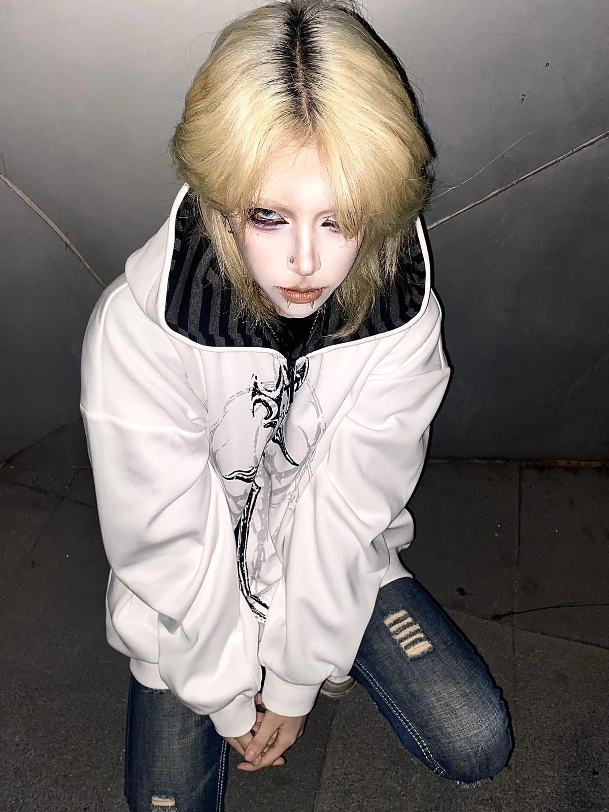White Gothic Sigil Zip Hoodie styled look 03