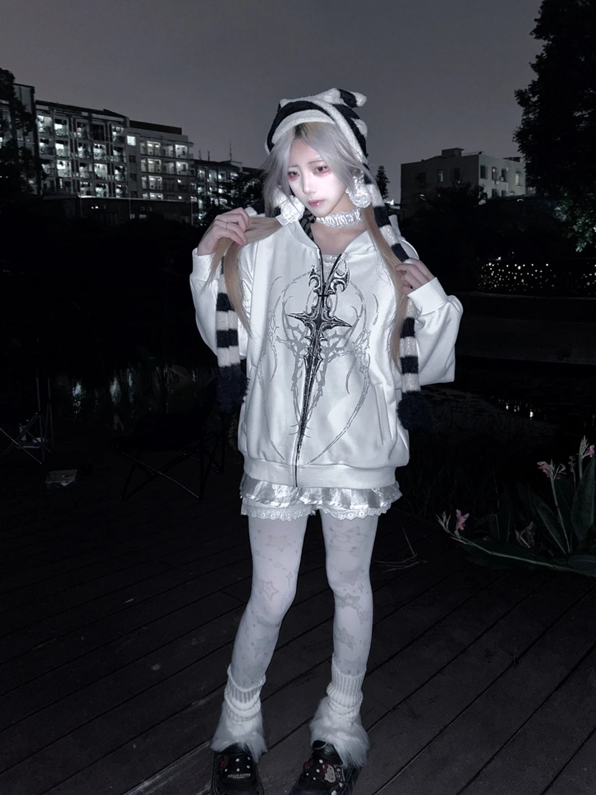 White Gothic Sigil Zip Hoodie styled look 04