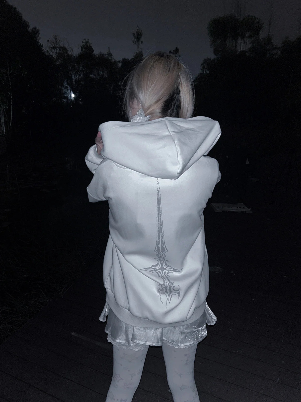White Gothic Sigil Zip Hoodie styled look 09