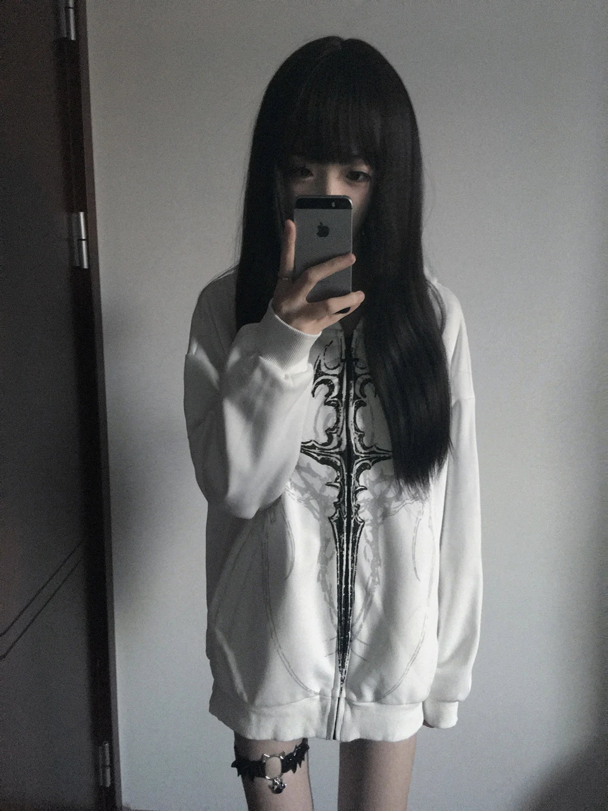 White Gothic Sigil Zip Hoodie styled look 10