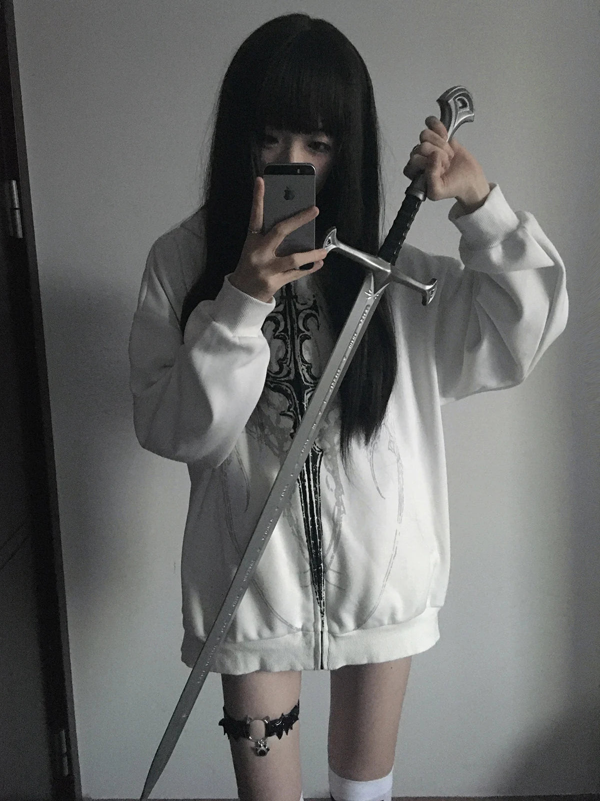 White Gothic Sigil Zip Hoodie styled look 11