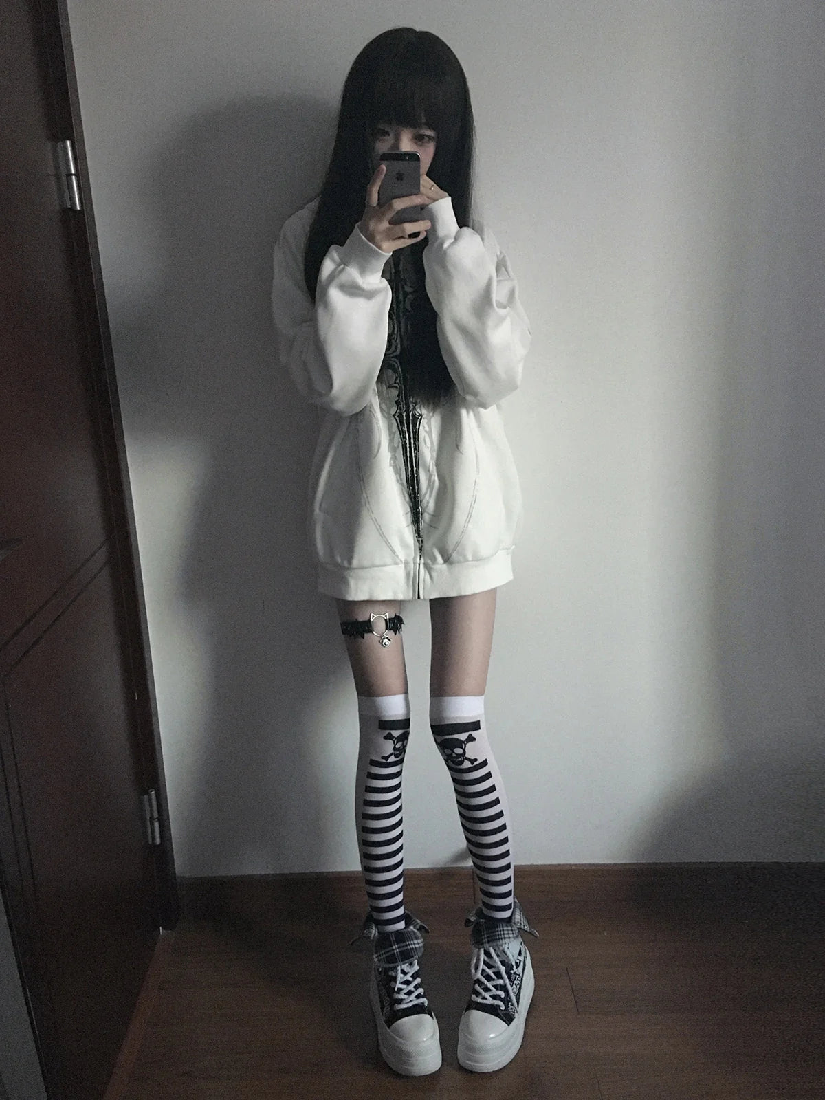 White Gothic Sigil Zip Hoodie styled look 12