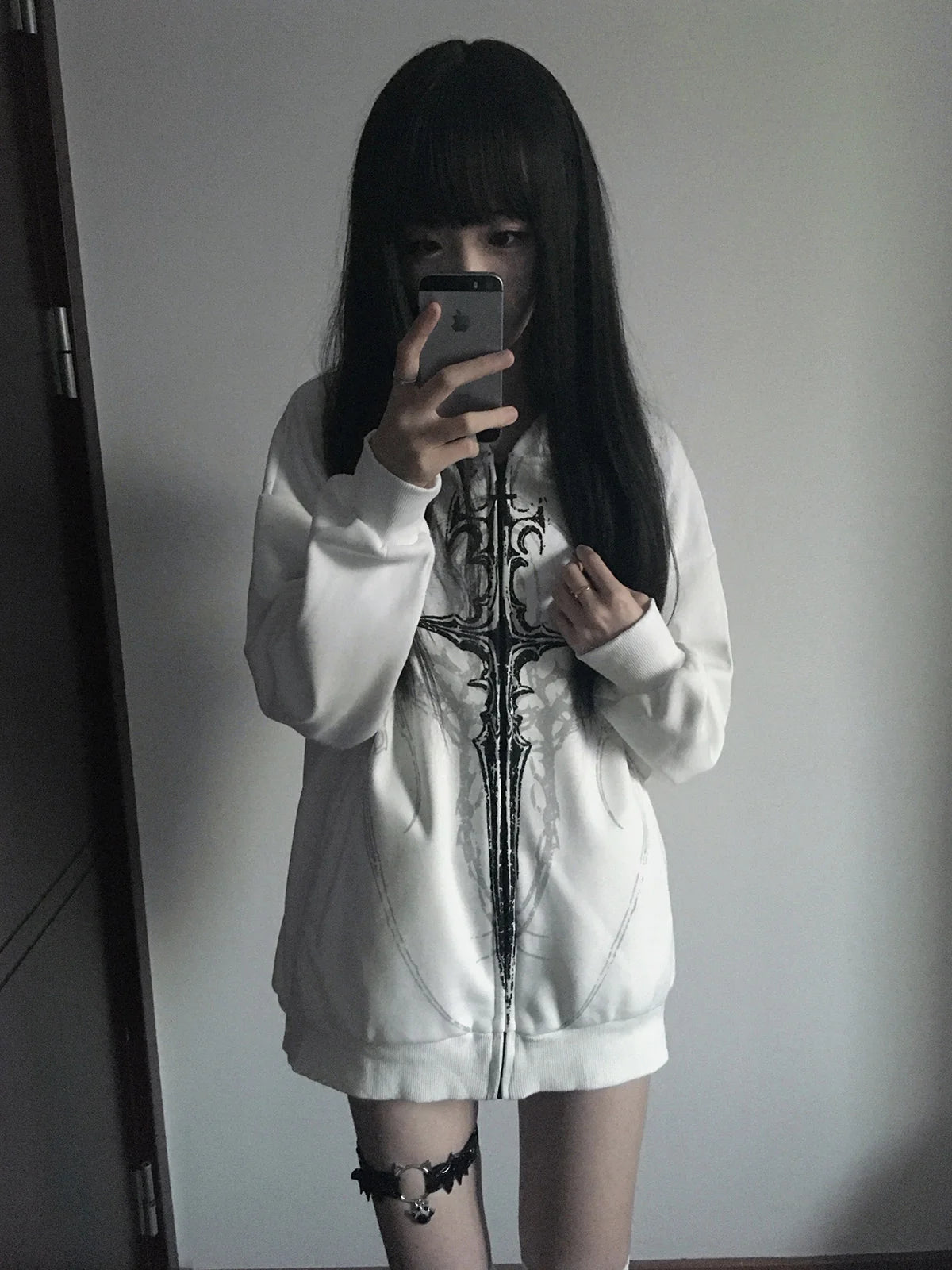 White Gothic Sigil Zip Hoodie styled look 13