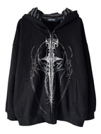 Black Gothic Sigil Autumn-Winter Zip Hoodie front flatlay