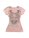 Pink gothic V-neck graphic tee front on white background