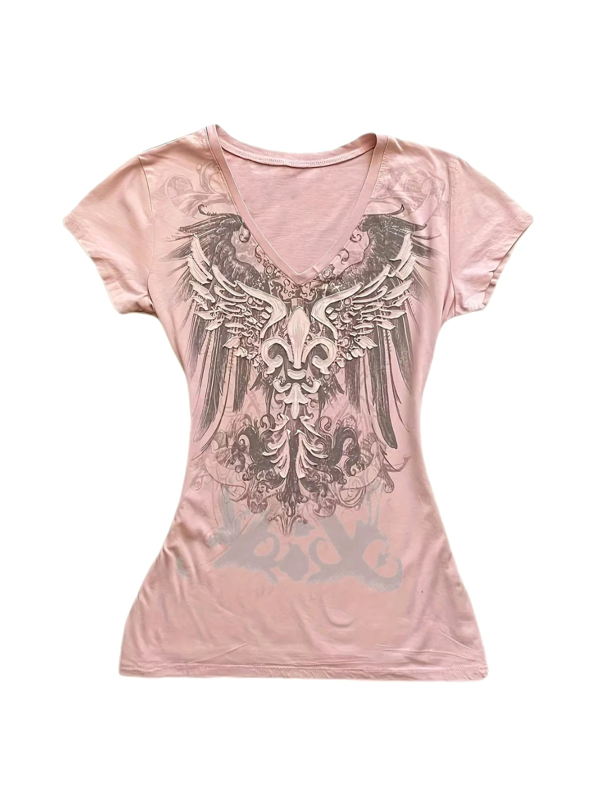 Pink gothic V-neck graphic tee front on white background