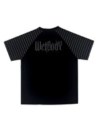 Black Midnight Verse Raglan Graphic Tee back flatlay with gothic wordmark