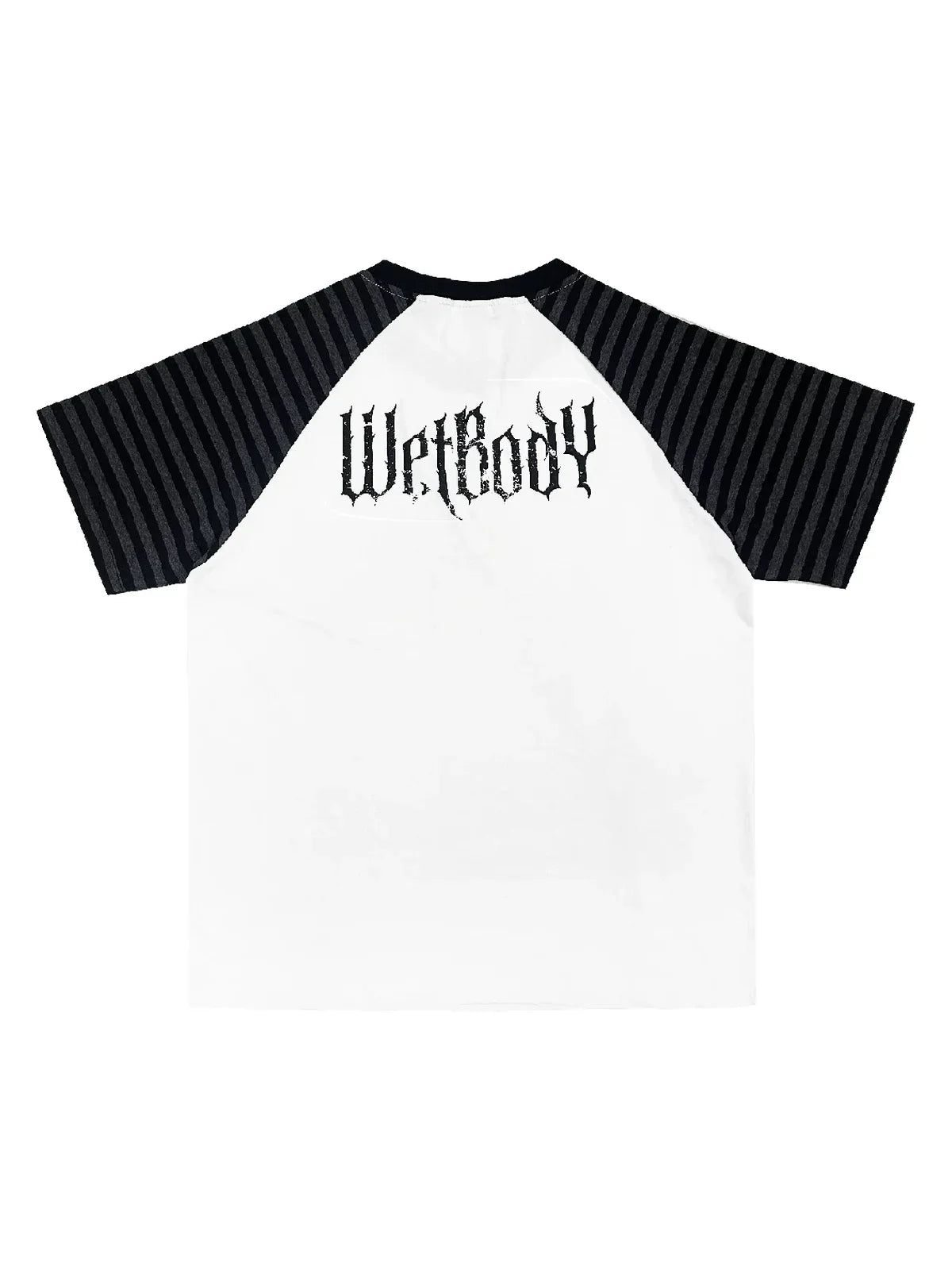 White Midnight Verse Raglan Graphic Tee back flatlay with gothic wordmark