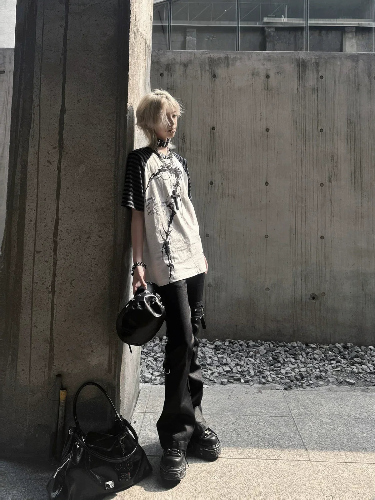 White Midnight Verse Raglan Graphic Tee in a side-profile full-body streetwear look