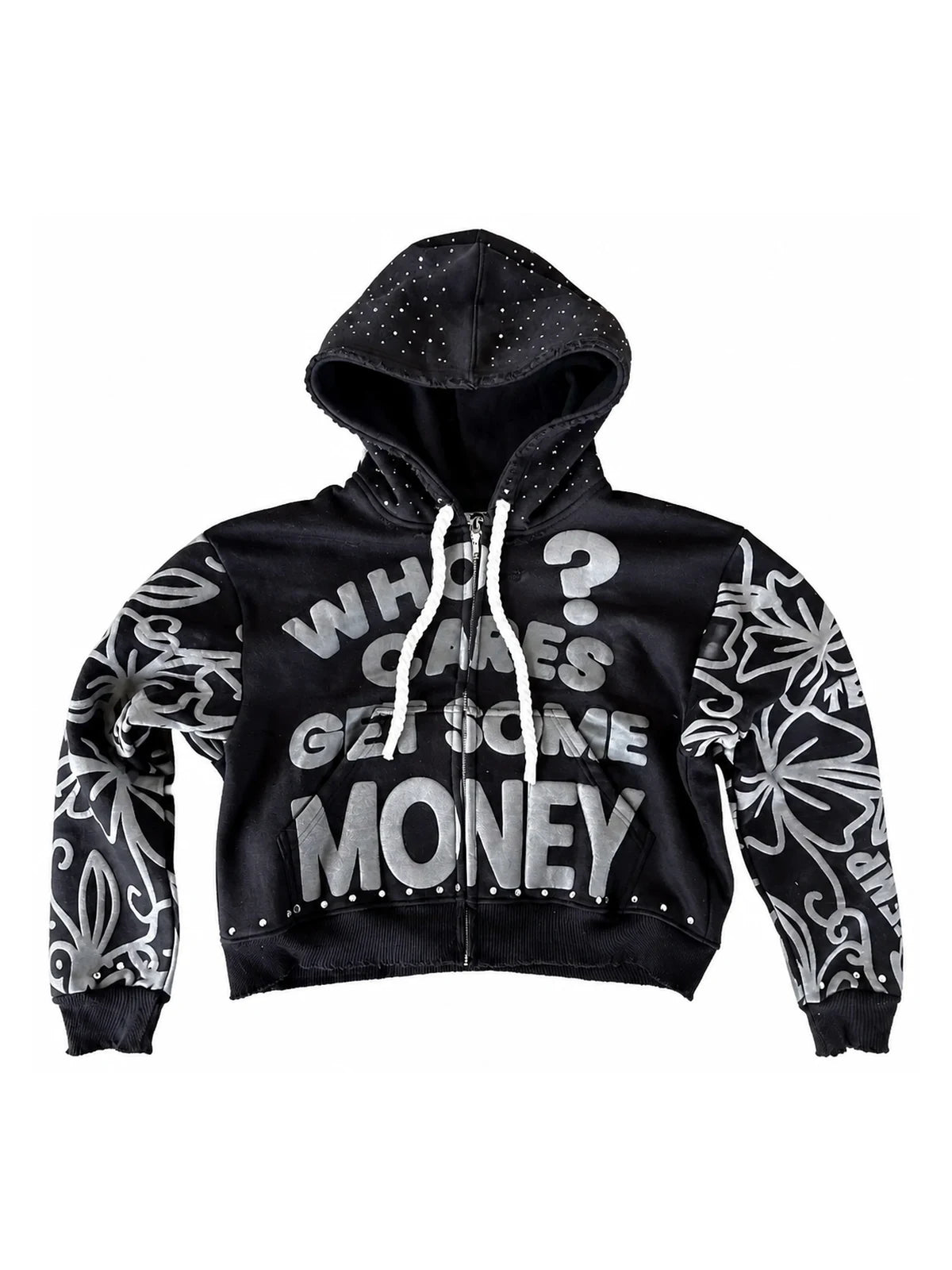 Black letter graphic zip hoodie front on white background