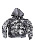 Dark gray letter graphic zip hoodie front on white background
