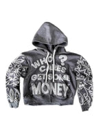 Dark gray letter graphic zip hoodie front on white background