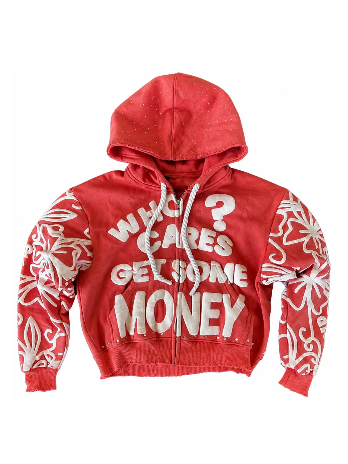 Red letter graphic zip hoodie front on white background
