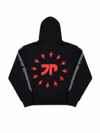 Black zip hoodie back with red graphic mark on white background