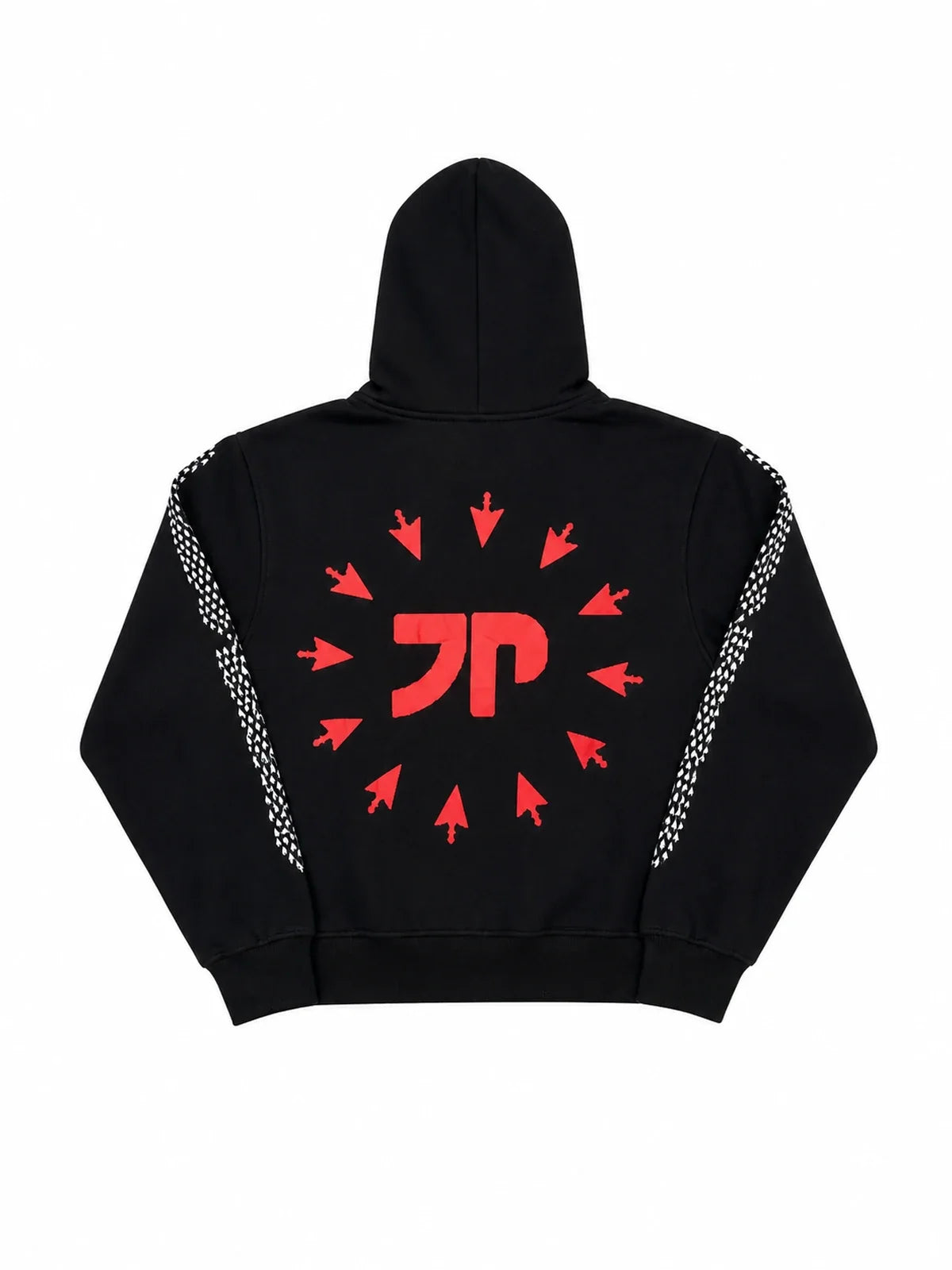 Black zip hoodie back with red graphic mark on white background