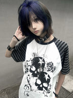 Close-up of the white Skull Leopard Raglan Graphic Tee with blue-hair styling