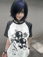 White Skull Leopard Raglan Graphic Tee in a standing blue-hair streetwear look