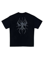 The Thorned Spider Loose Graphic Tee in black, back flatlay with spider graphic