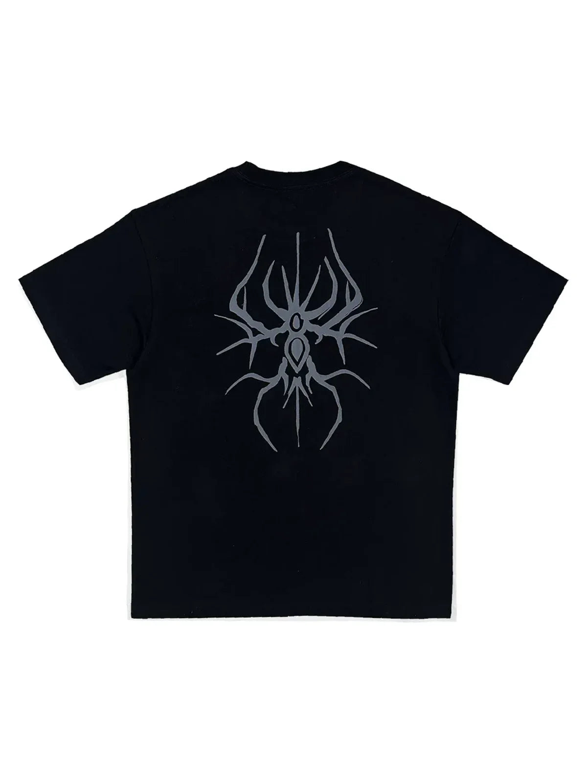 The Thorned Spider Loose Graphic Tee in black, back flatlay with spider graphic