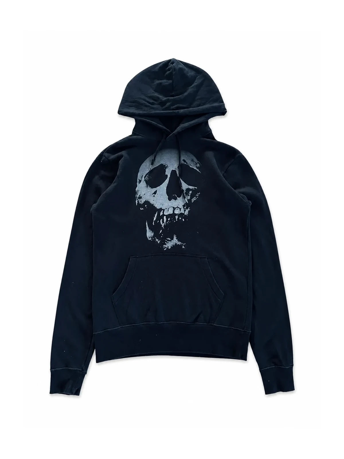 Black pullover hoodie with distressed skull graphic, front view